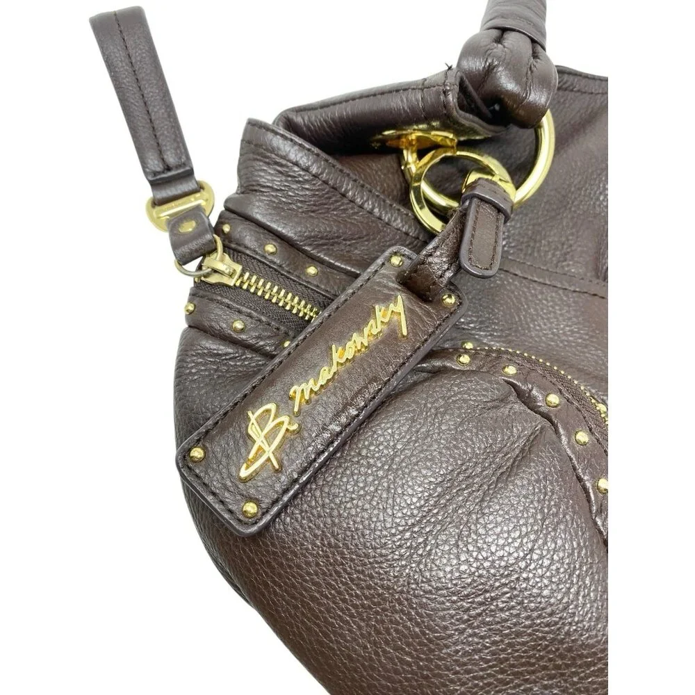 B Makowsky Dark Brown Leather Hobo Shoulder Studded Handbag Purse Logo Keychain - Picture 2 of 9